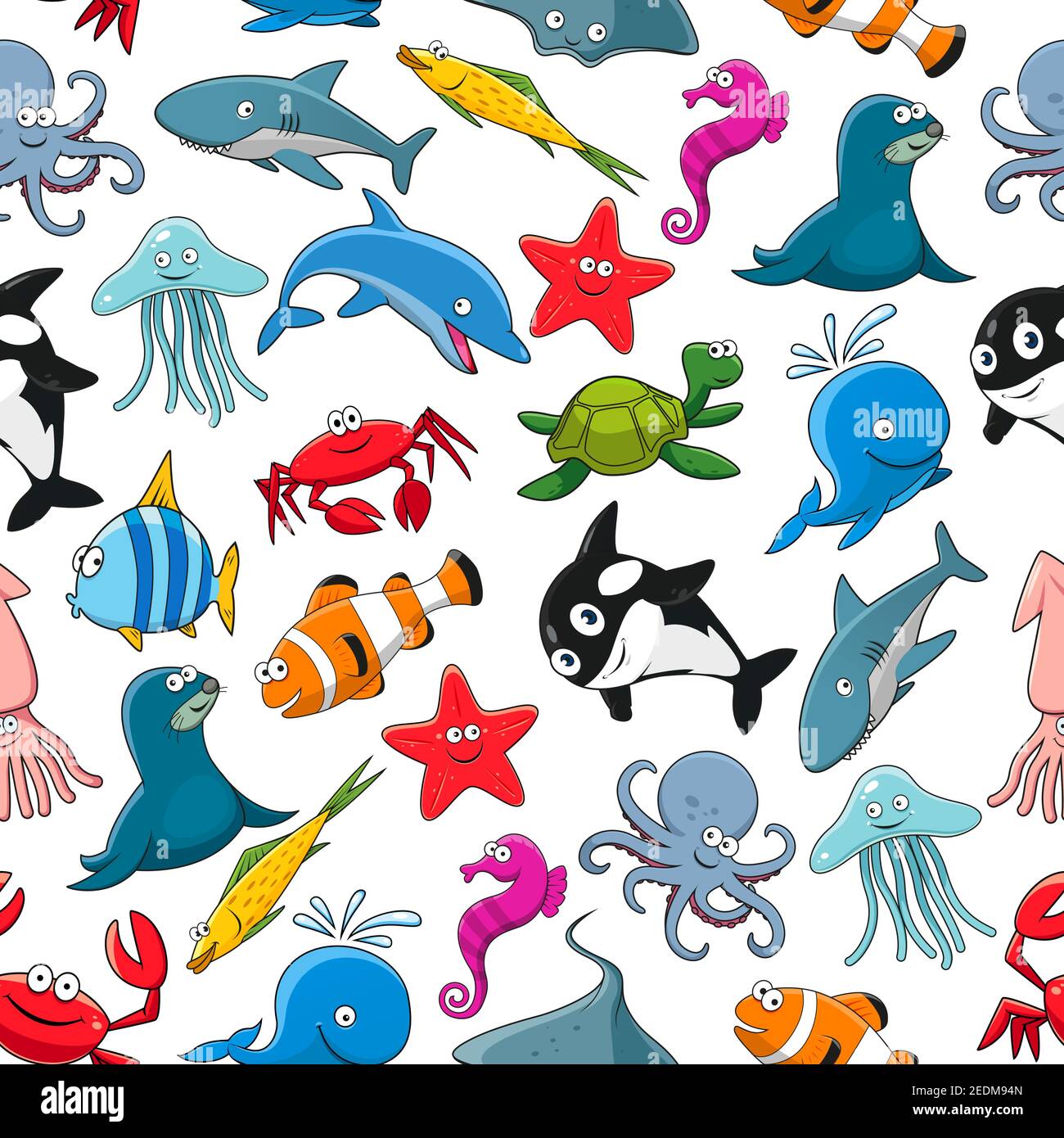 Nahtlose Muster von Vektor-Cartoon Meeresfisch und Meerestiere Hummerkrabbe, Krake, Stachelrochen und Pinguin, Schildkröte, Clown Fisch oder Flunder und tropischen Stock Vektor