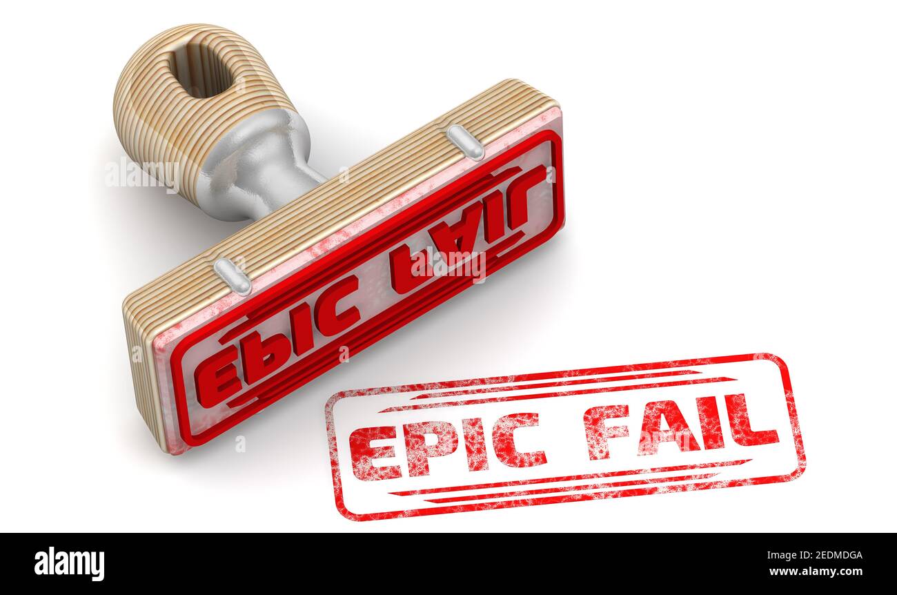 Epischer Fehler. Der Stempel und ein Aufdruck. Holzstempel und roter Aufdruck EPISCHER FAIL auf weißer Oberfläche. 3D Abbildung Stockfoto