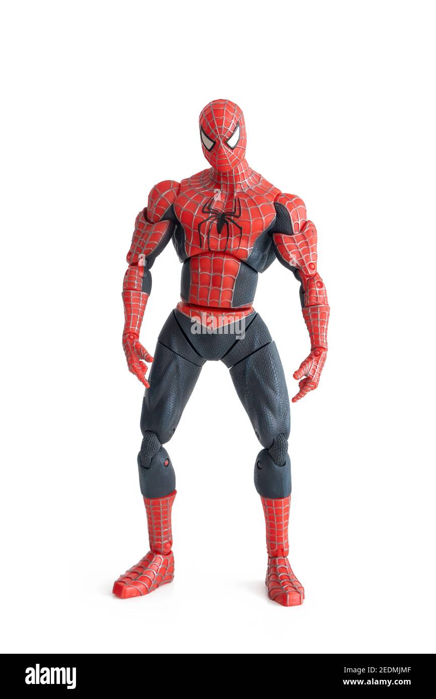 Nahaufnahme einer Spiderman-Actionfigur, einem fiktiven Superhelden, der vom Autor-Herausgeber Stan Lee und dem Schriftsteller-Künstler Steve Ditko geschaffen wurde. Stockfoto