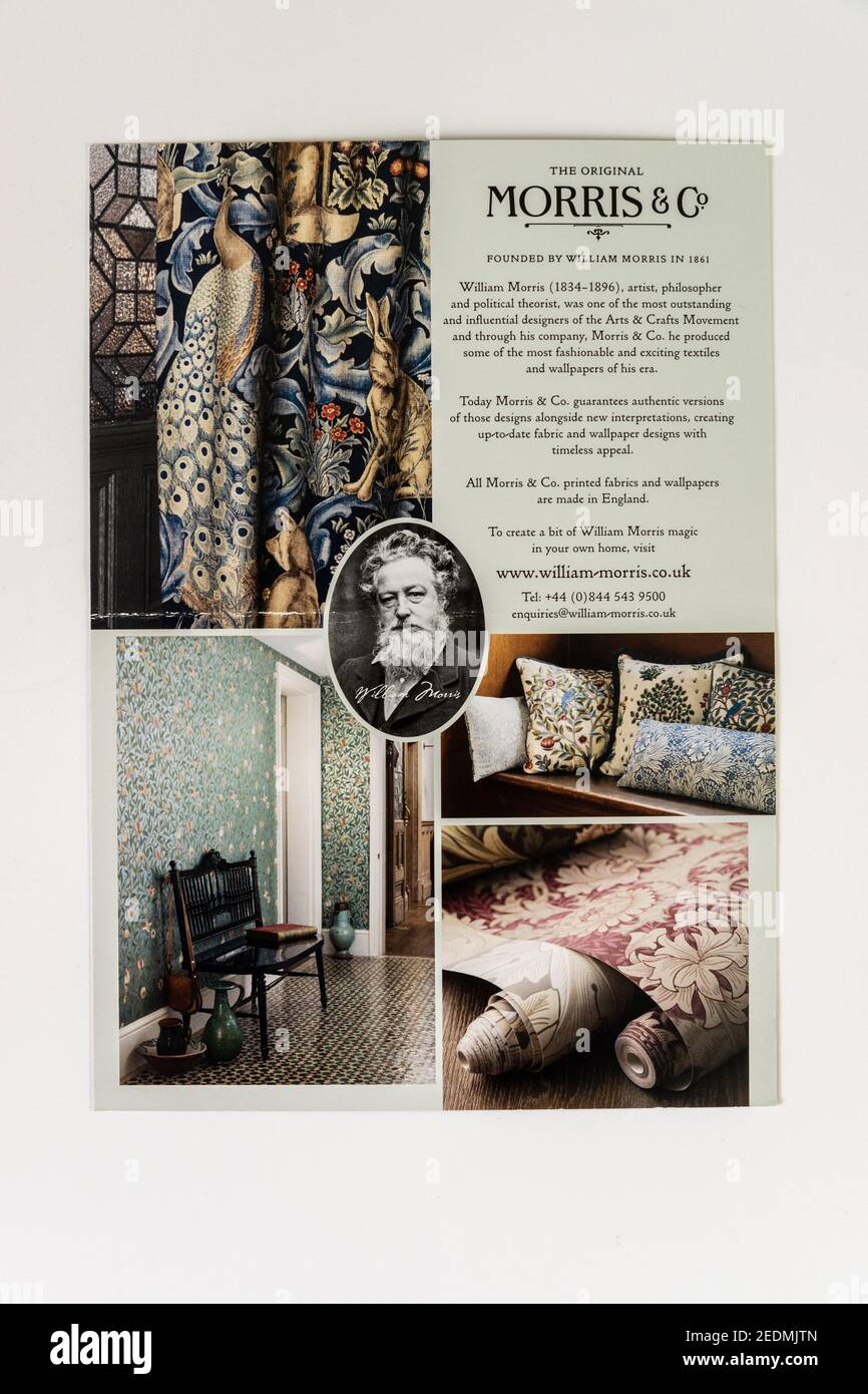 2020 Werbeflyer für Morris & Co, ein Textil- und Tapetenunternehmen, das ursprünglich 1861 von William Morris gegründet wurde. Stockfoto