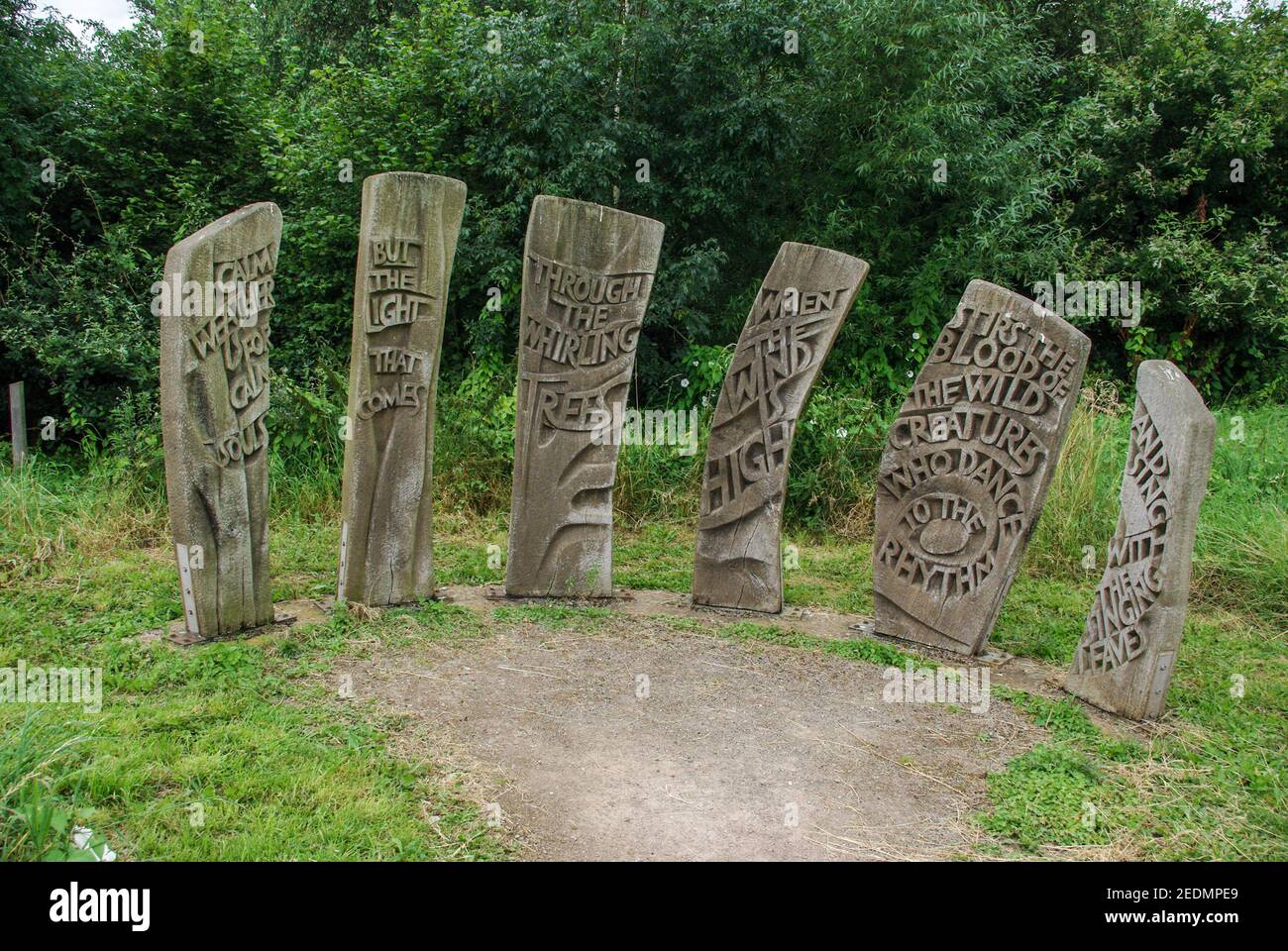 Kunstinstallation aus geschnitztem Holz, Brixworth Country Park, Northamptonshire, UK Stockfoto