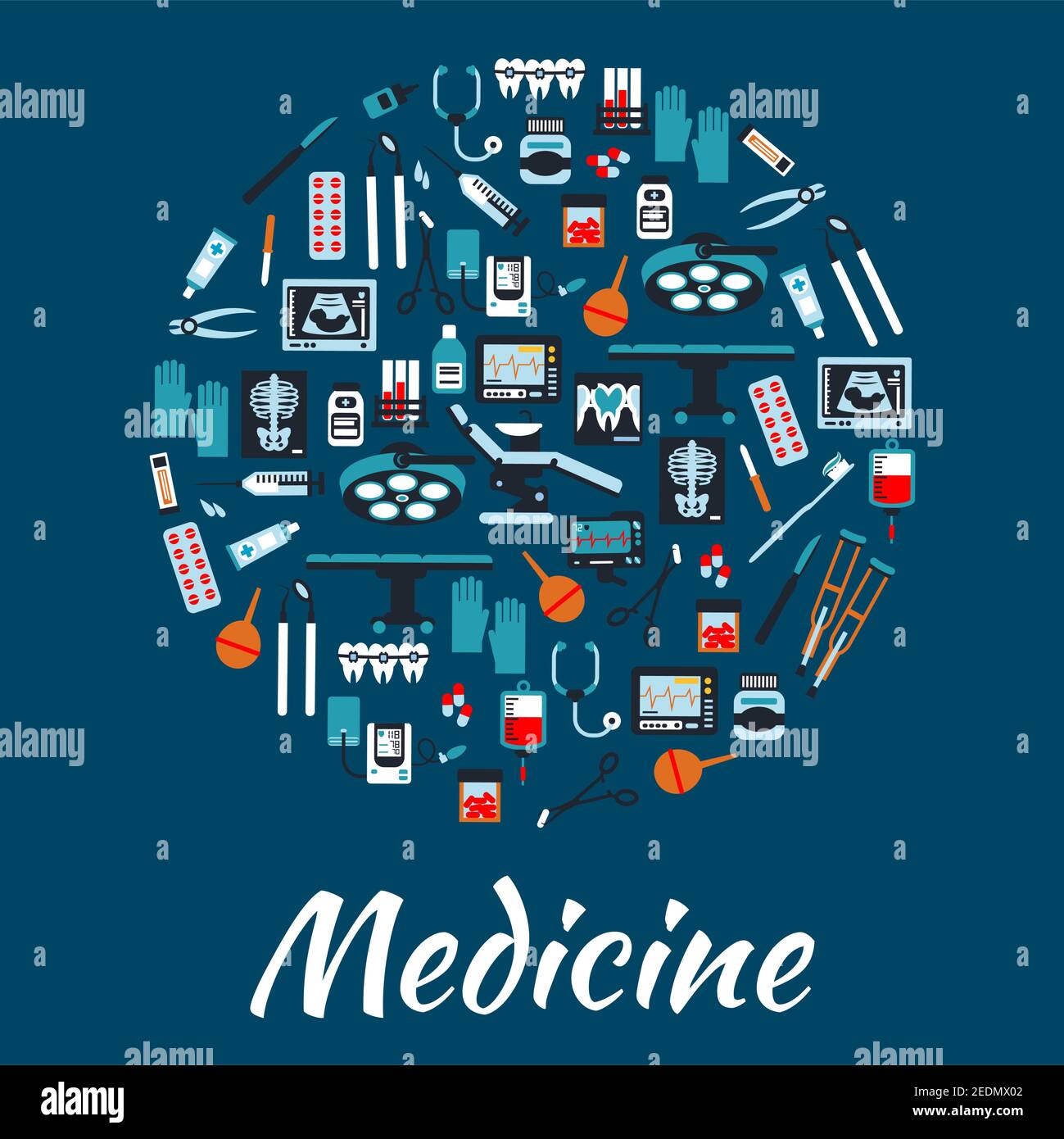 Medizinisches Plakat. Hintergrund-Vektor-Symbole und Symbole der Gesundheitsversorgung in Kreisform. Ausrüstung und Therapieelemente Zahnarztstuhl, Tonometer, Chirurgie Stock Vektor