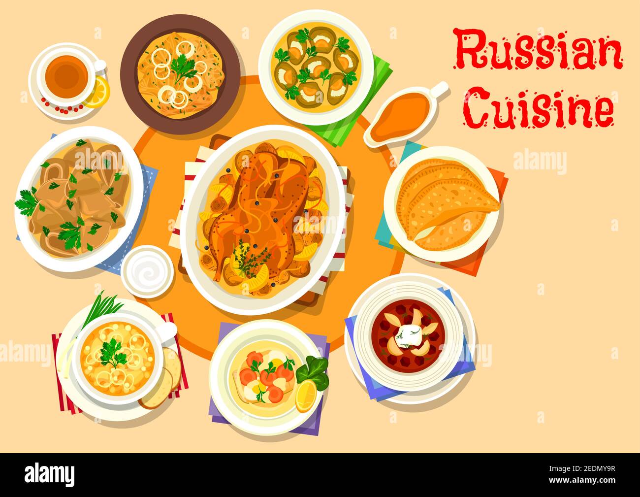 Russische Küche köstliche Mittagessen Ikone mit Pilzknödel, gefüllte Ente mit Kartoffeln, Kohlrollen, Gelied Fisch und Rindfleisch Zunge, gebratenen Fleisch Pie, Co Stock Vektor