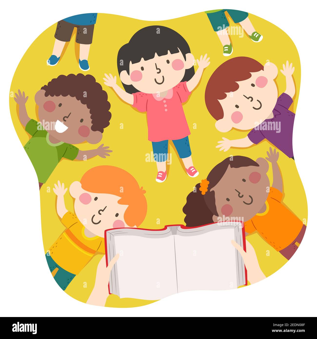 Illustration von Kindern, die auf dem Boden liegen und zuhören Hände halten ein offenes Buch Stockfoto