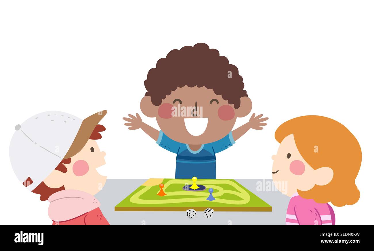 Illustration von Kindern spielen Brettspiel mit Kid Boy gewinnen It Stockfoto