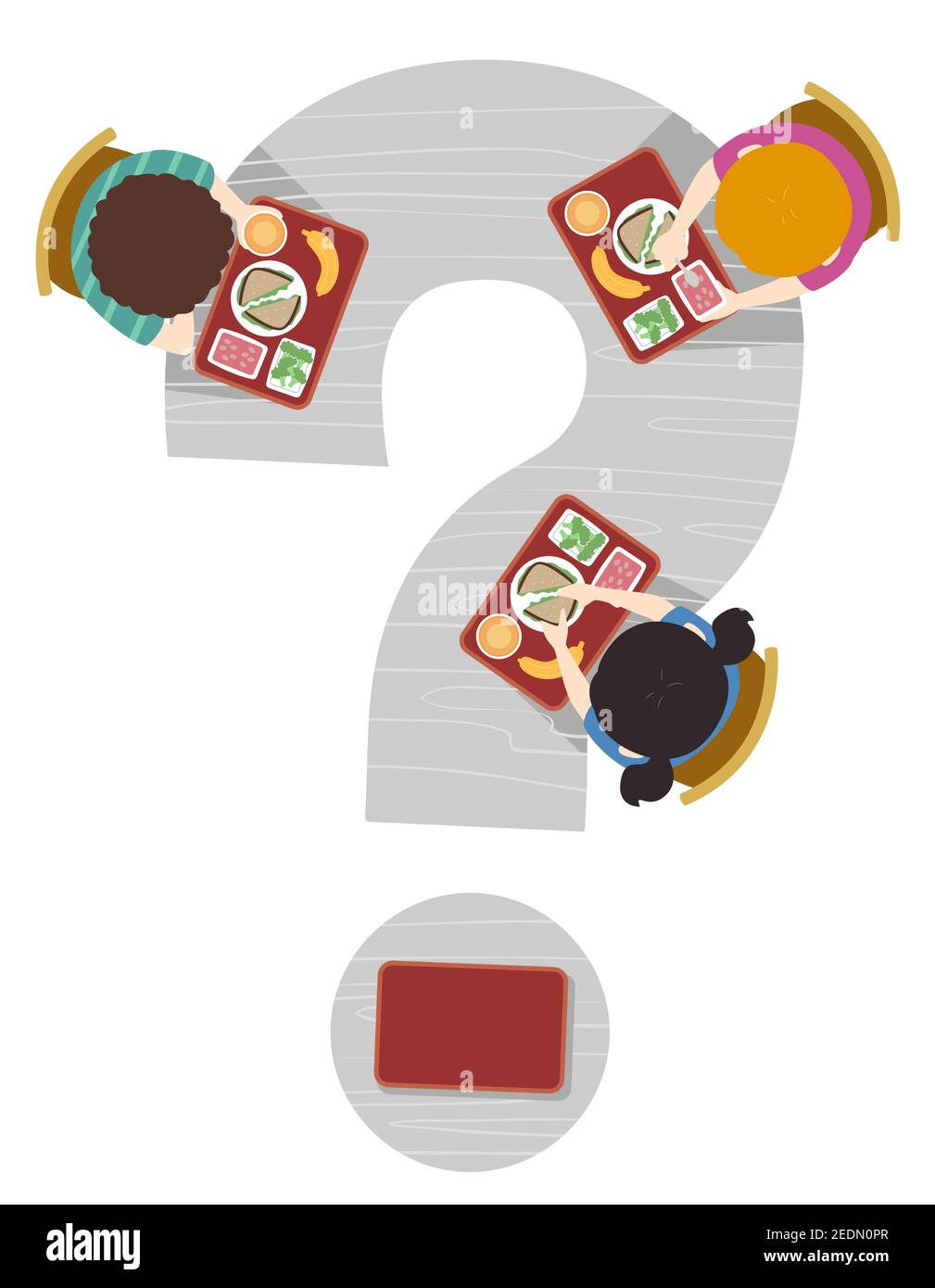 Illustration der Kinder sitzen unten Essen Cafeteria Mittagessen auf Frage Tabelle mit Fächern markieren Stockfoto