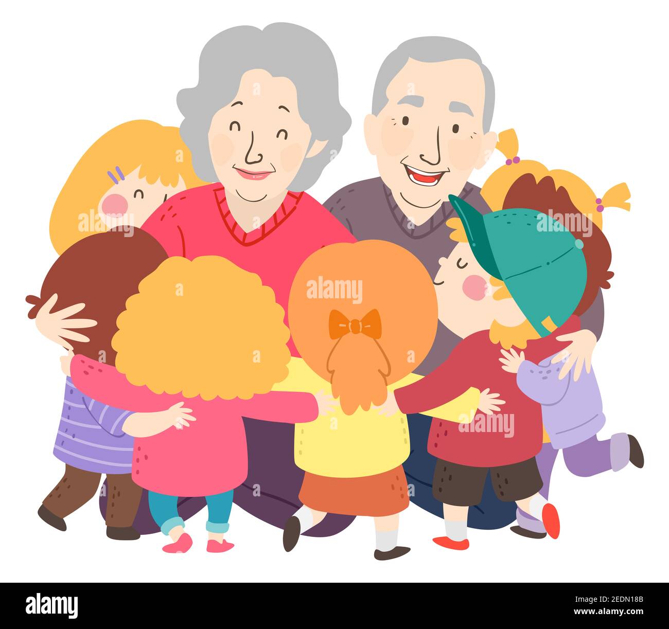 Illustration von Kindern umarmt ihre Großmutter und Großvater. Ältere Männer und Frauen umarmen ihre Großkinder Stockfoto