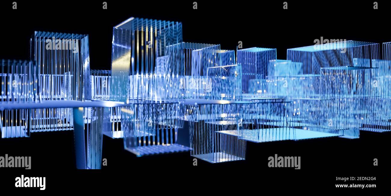 Wireframe Mesh Struktur, glühende, moderne abstrakte fragile virtuelle Gitter, Wissenschaft, Technologie oder Datenkonzept, Stadt Visualisierung, cgi 3D Hintergrund Stockfoto