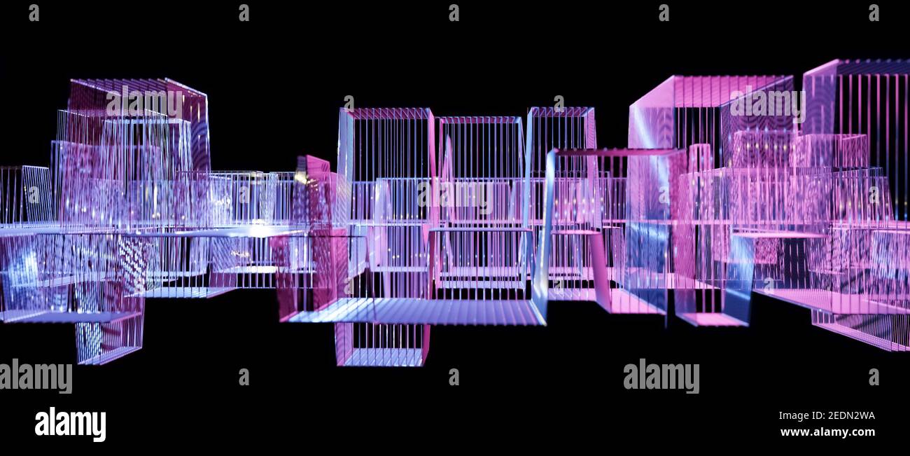 Wireframe Mesh Struktur, glühende, moderne abstrakte fragile virtuelle Gitter, Wissenschaft, Technologie oder Datenkonzept, Stadt Visualisierung, cgi 3D Hintergrund Stockfoto