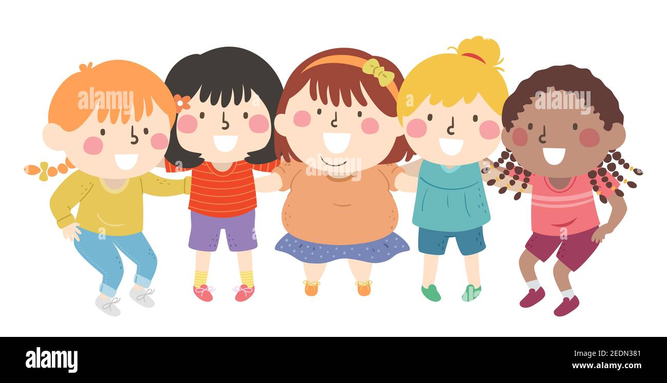 Illustration von Kids Girls in a Huddle Entwicklung eines Teams Planen Stockfoto