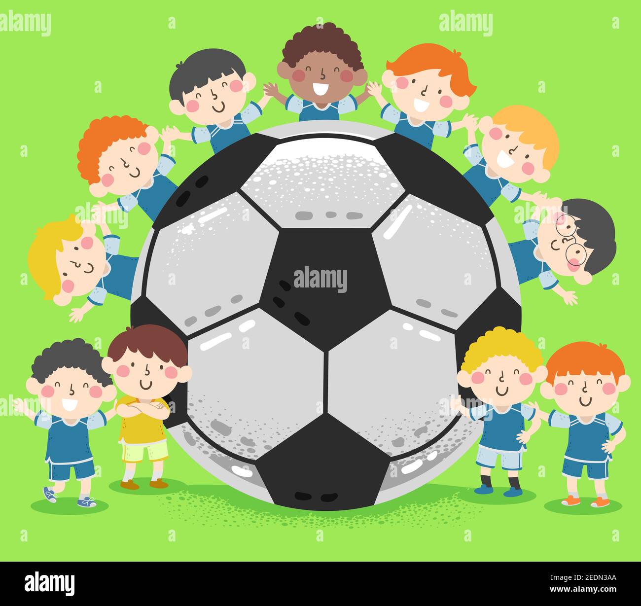 Illustration von Kinder Jungen Fußball-Team in Uniform mit einem Großer Fußball Stockfoto