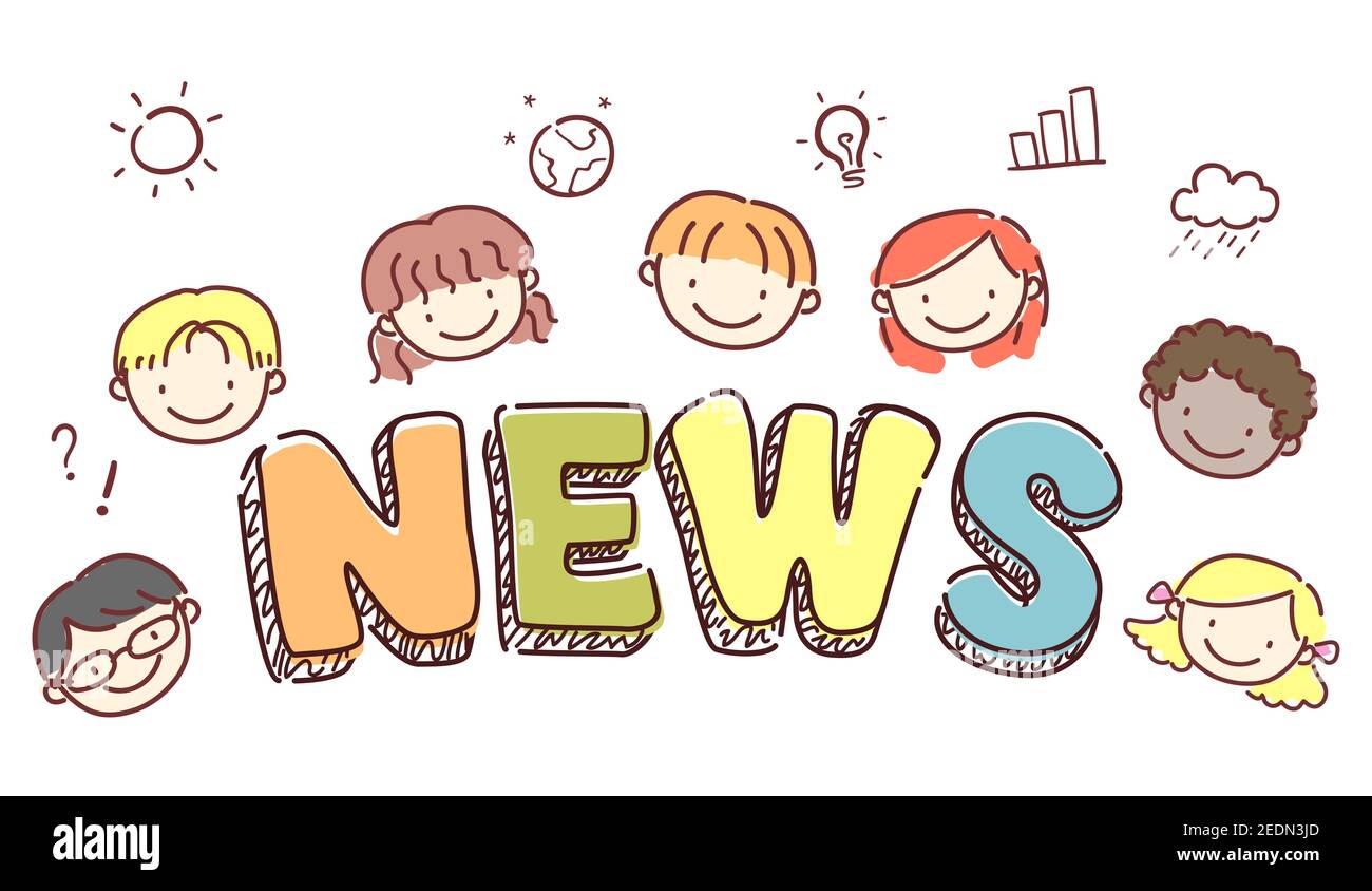 Illustration von Stickman Kids Heads Smiling with News Lettering Stockfoto