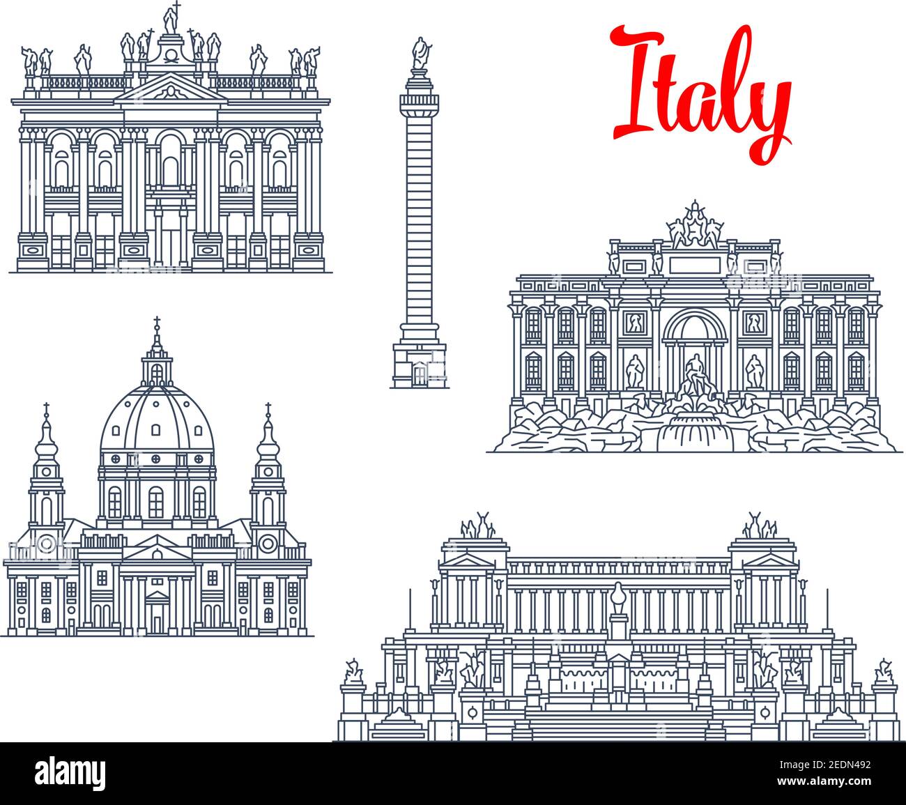 Italien berühmte Architektursymbole und Sehenswürdigkeiten. Vector isolieren Ikonen und Fassaden der Trajan-Säule, Chiesa oder Kirche Gran Madre di Dio in Stock Vektor