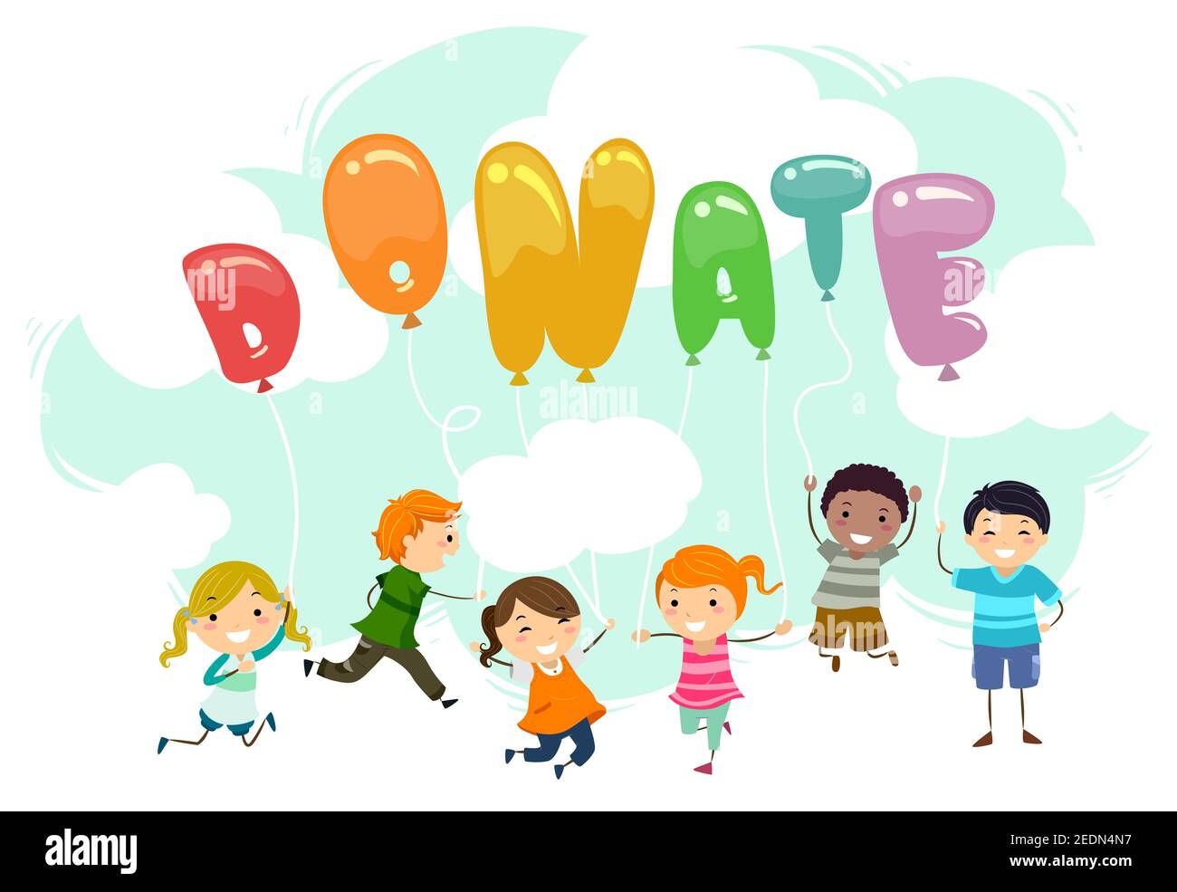 Illustration von Stickman Kids Holding Ballons als Buchstaben Forming geformt Spenden Schriftzug Stockfoto
