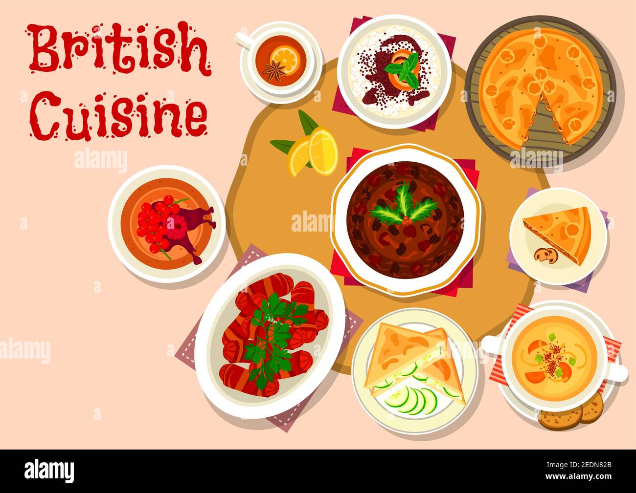 Britische Küche Mittagsgerichte Ikone der in Speck gebackenen Wurst, Biersuppe mit Käse, Entenfleischpastete, Schokolade und Reispudding, Gurken-Sandwich, Die Stock Vektor