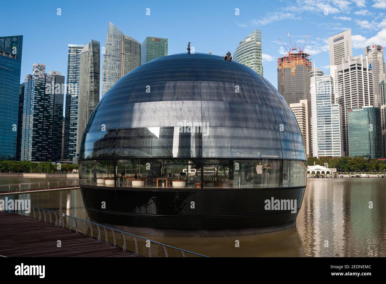 05,01.2021, Singapur, Singapur - Arbeiter führen Wartungsarbeiten an der gewölbten Glasfassade von Apples neuem Flagship-Store in Marina Bay Sands, façade Stockfoto