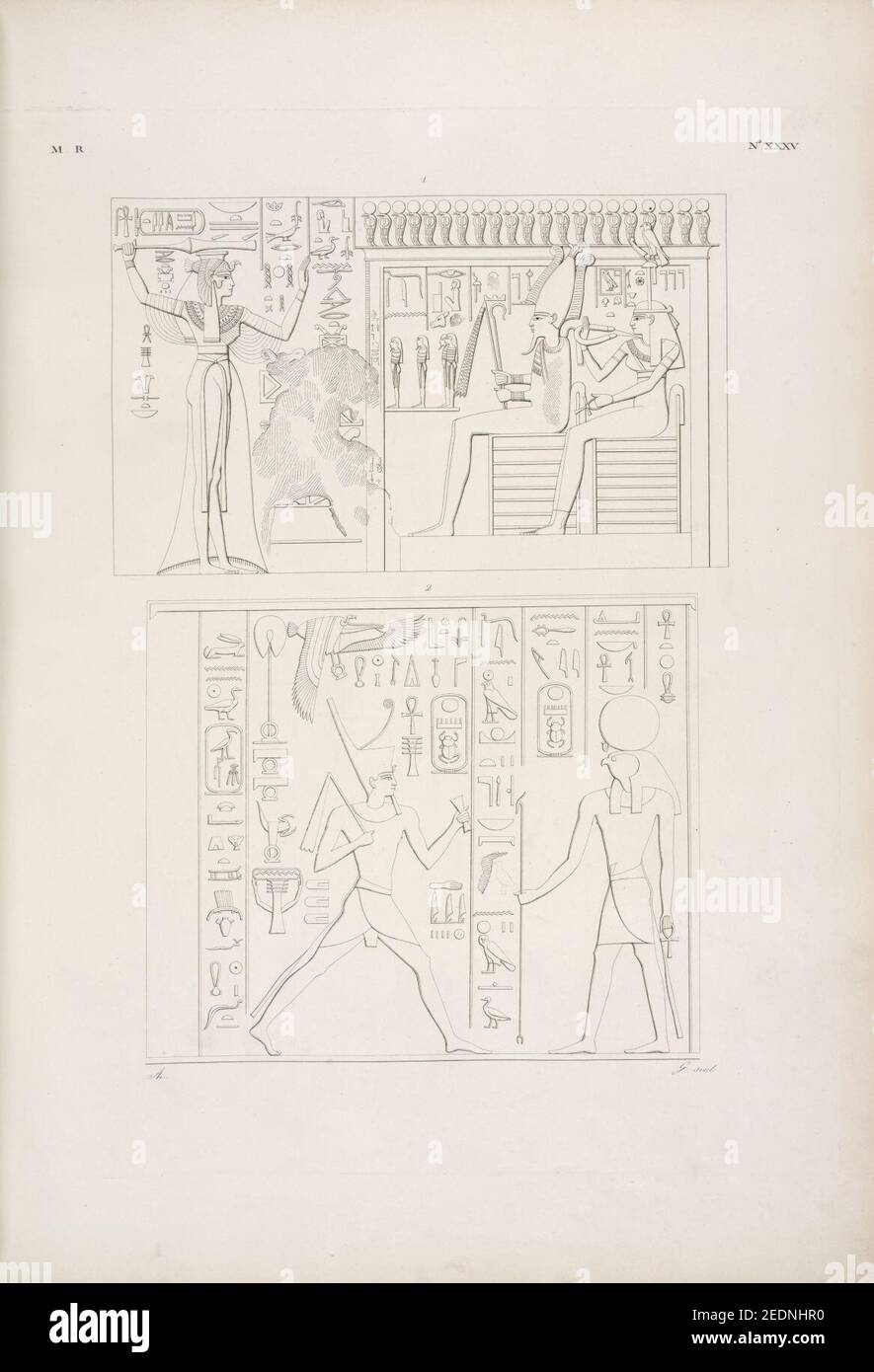 Offerta ad Osiride (Osiris) e Athyr (Hathor), fatta dalla regina Amonmai (Meritamon-). - Thutmes IV (Moeris) viene a dedicare il tempio di Amada a Phrê (Ra) Stockfoto