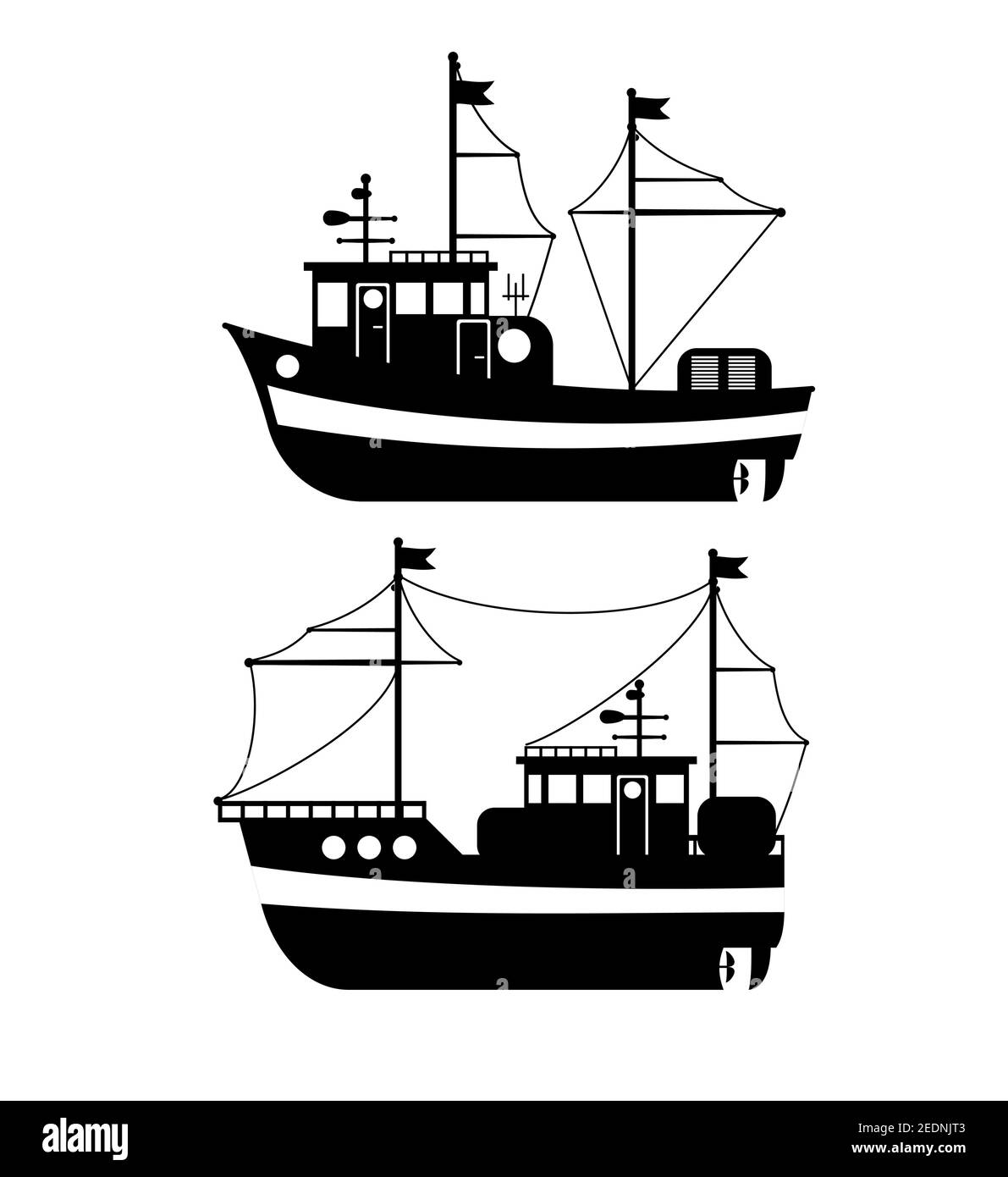Silhouette des Fischerbootes, Seitenansicht, kommerzieller Fischtrawler, industrielle Fischproduktion, Wassertransport, See- oder Seeverkehr Stock Vektor