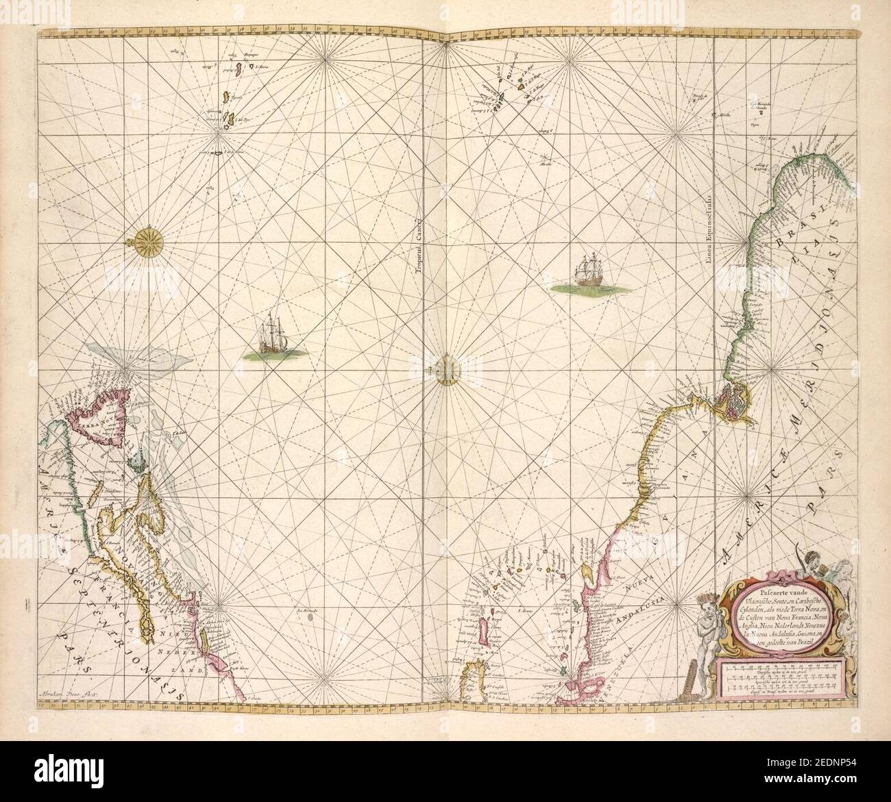 Pascaerte van Vlaemsche, Soute, en Caribesche Eylanden, als mede Terra Nova, en de Custen van Nova Francia, Nova Anglia, Nieu Nederlandt, Venezuela, Nueva Andalusia, Guiana, en een gedeelte Stockfoto