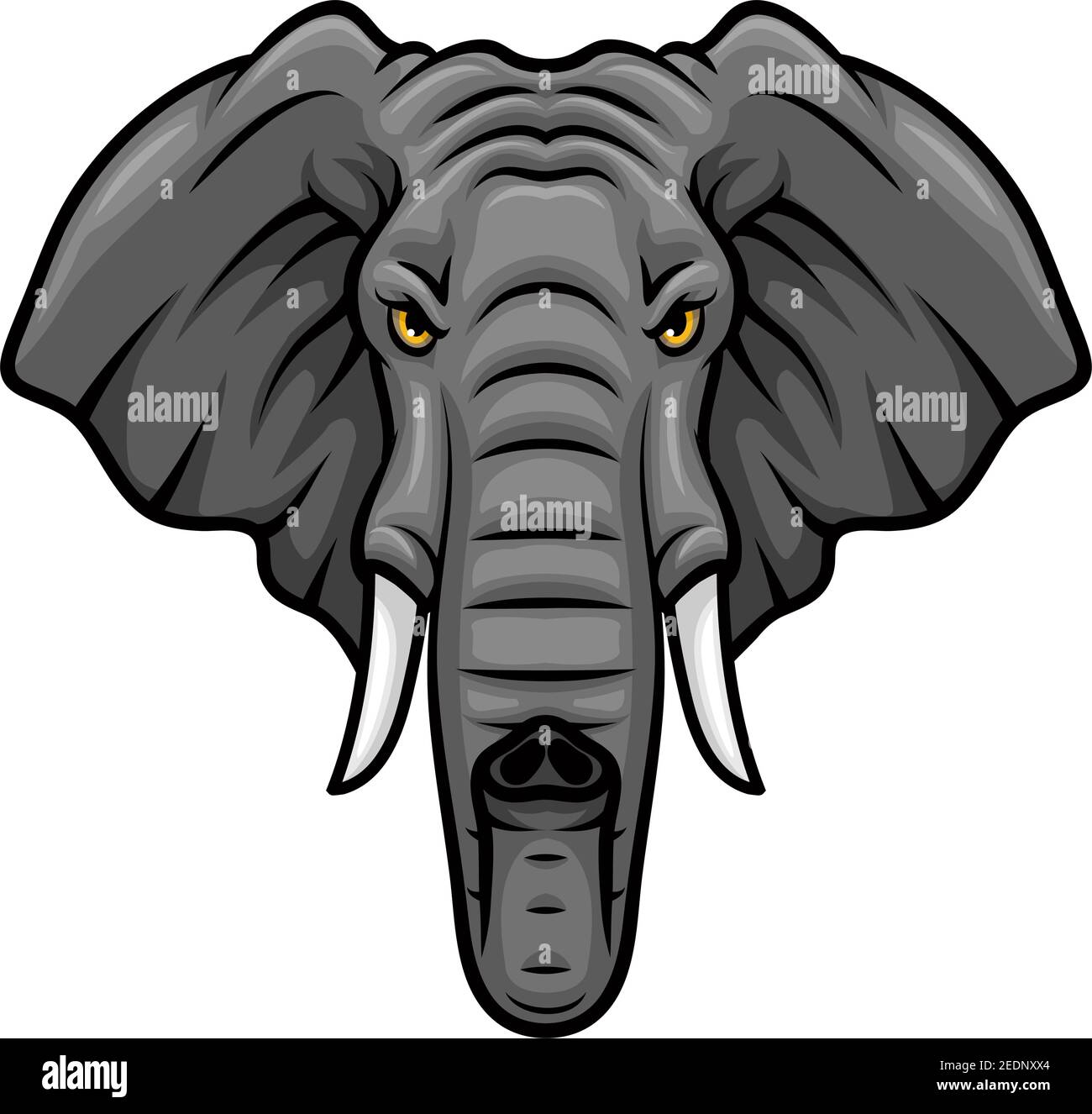 Elefant Vektor Maskottchen Symbol. Kopf von afrikanischen oder indischen Elefanten oder Mammuttier mit Stoßzähnen und Rüssel. Isoliertes Emblem Design für Sportteam, Safari Stock Vektor