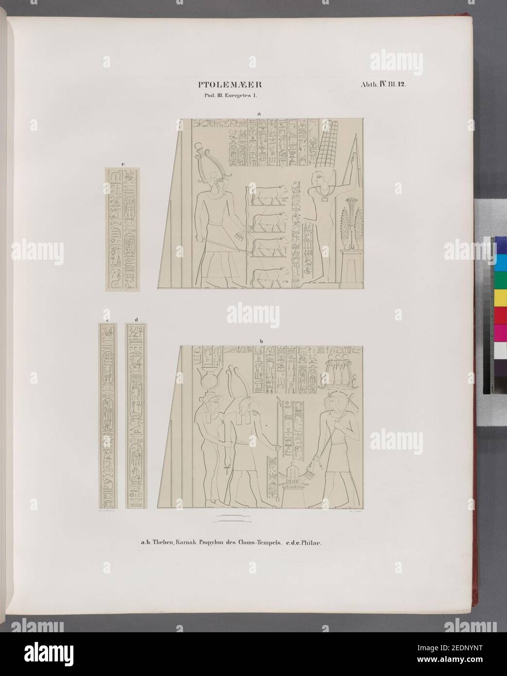 Ptolemaeer. Ptol. III Euergetes I. A. Theben (Theben), Karnak. Propylon des Chons (Khonsu)-Tempels; c.d.e. Philae Stockfoto
