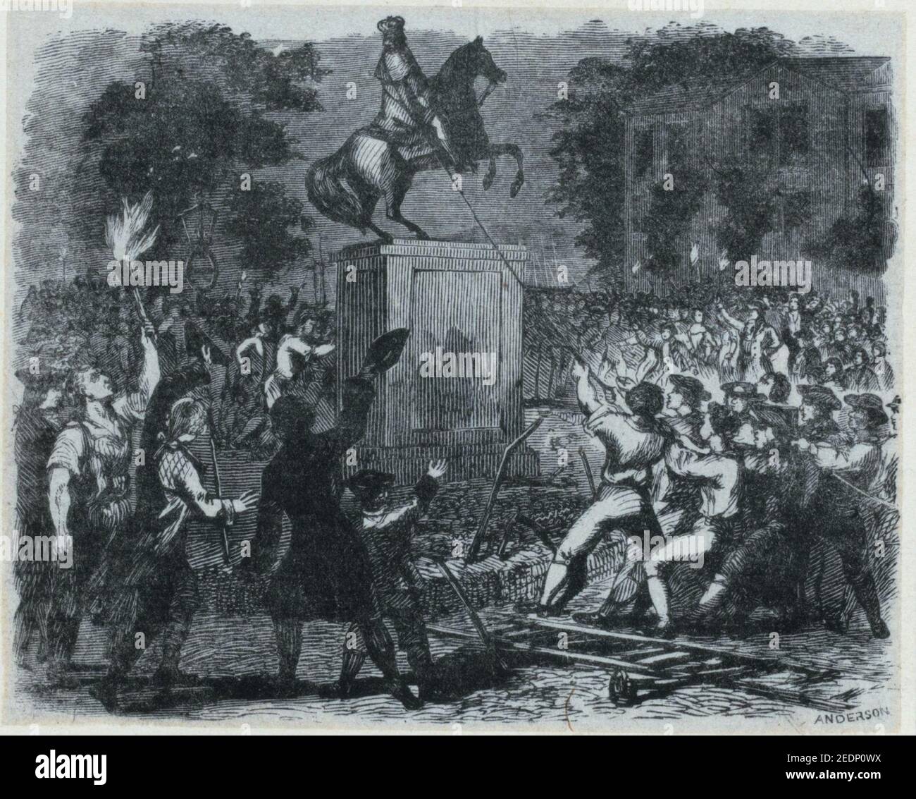 Beim Herunterziehen der Statue von König George III., Bowling Green, New York Stockfoto