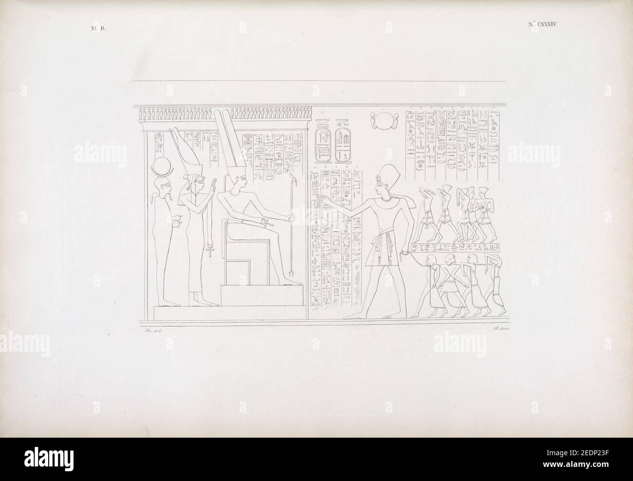 Ramses IV (Ramses III) viene ad offrire i prigioni ad Amon-rê (Amon), Mut e Chons (Khonsu). (Soggetti rappresentati nel cortile di Medinet-Abu) Stockfoto
