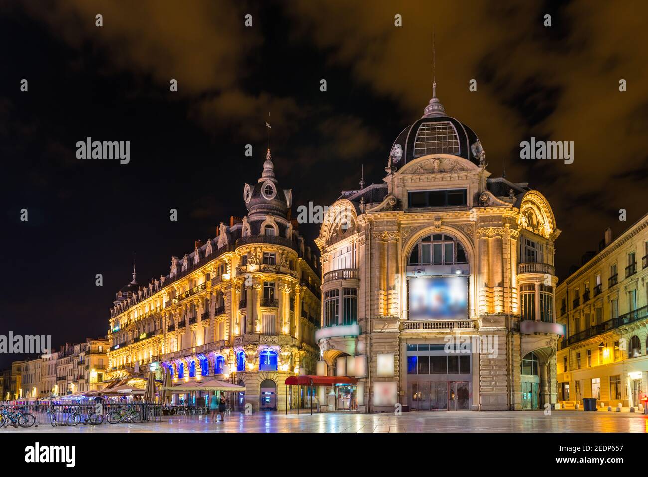 Comedy-Platz bei Nacht in Montpellier, in Hérault, Okzitanien, Frankreich Stockfoto