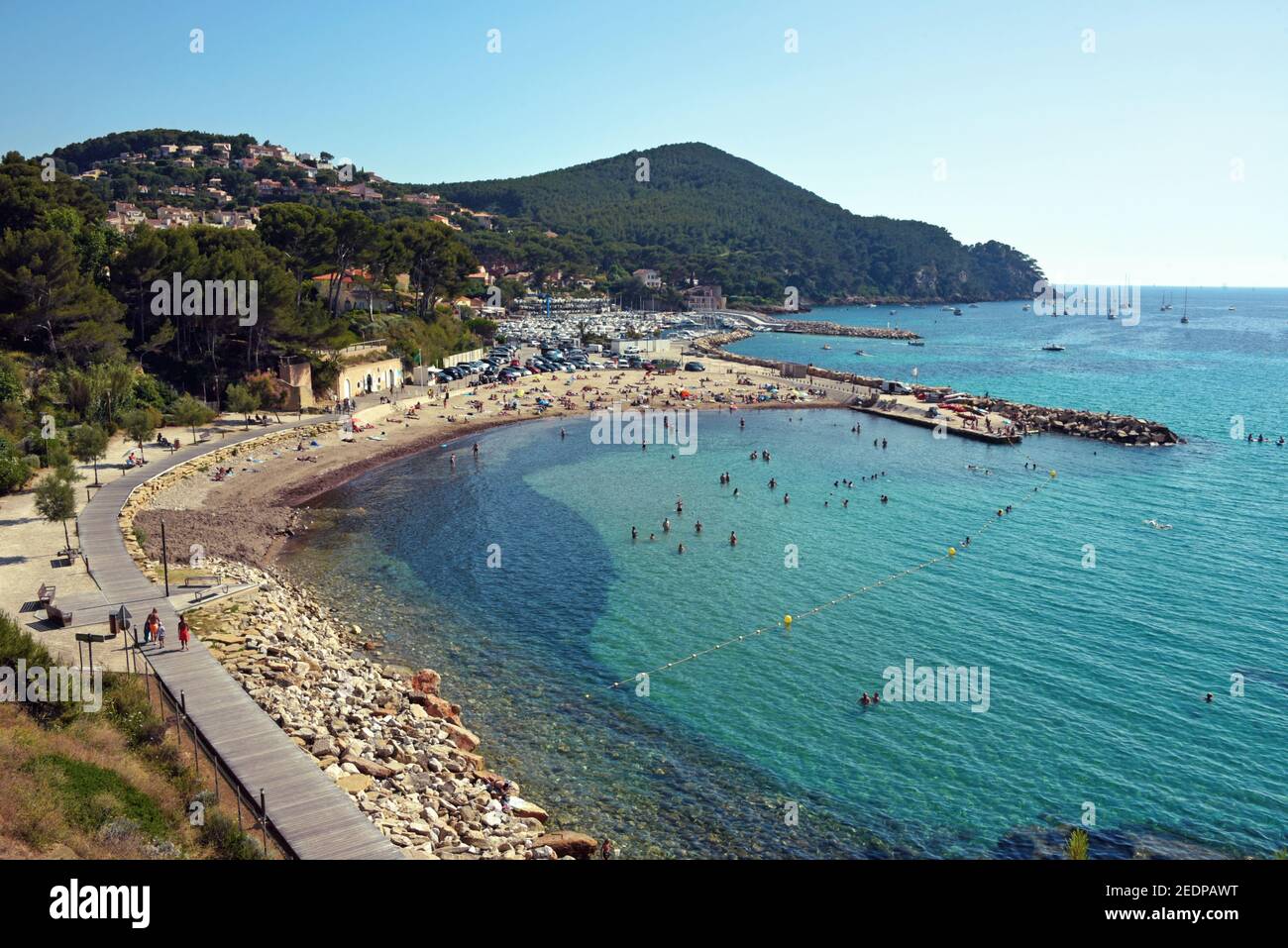 Der Strand von La Madrage, die Bucht von La Ciotat, Frankreich, Saint Cyr-sur-Mer, Bouches du Rhone Stockfoto