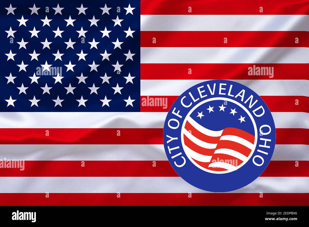 Flagge der USA mit dem Emblem von Cleveland Ohio, USA, Ohio, Cleveland Stockfoto