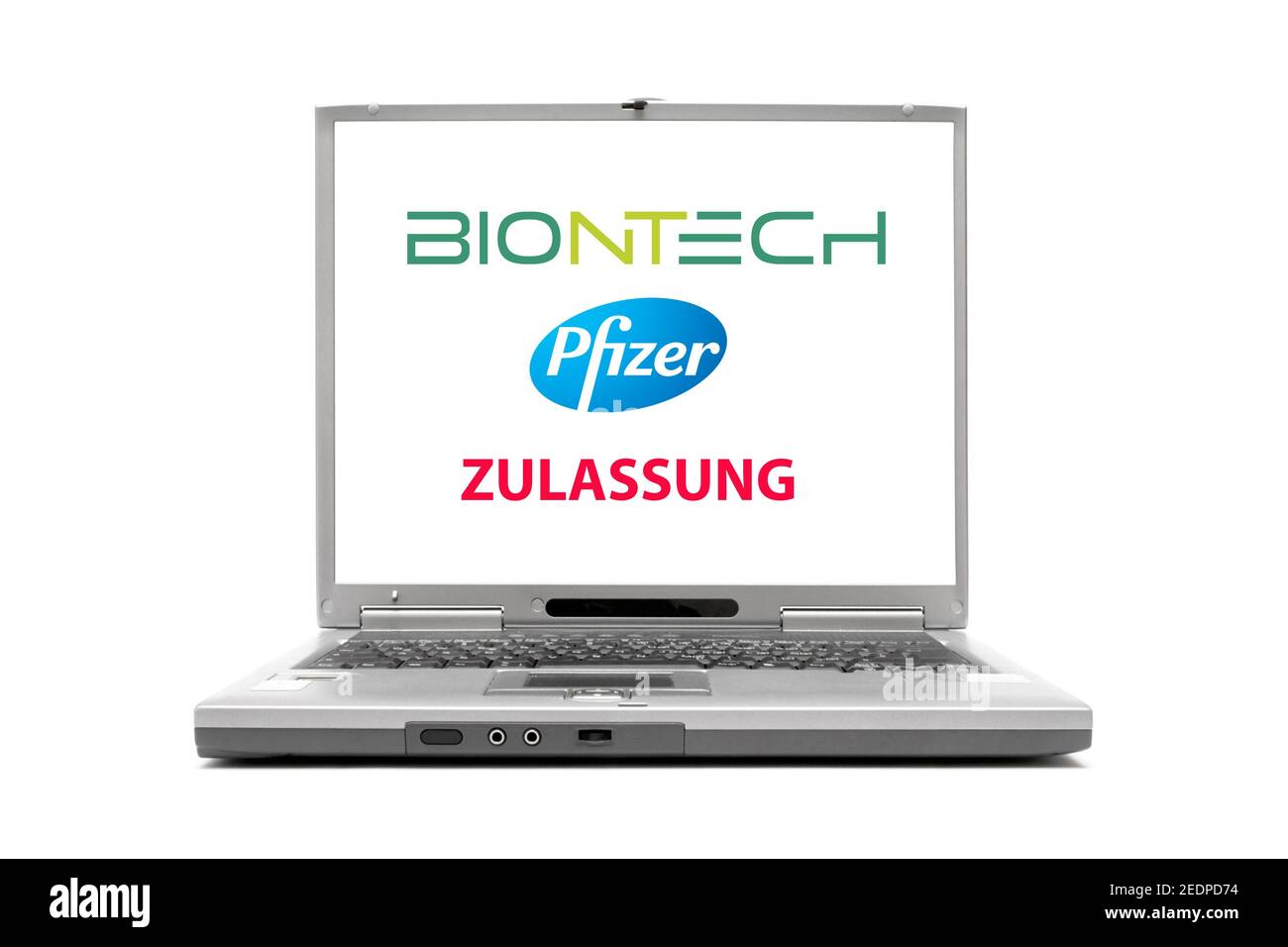 Laptop Lettering BioNTech, Pfizer, Zulassung, Akkreditierung, Deutschland Stockfoto