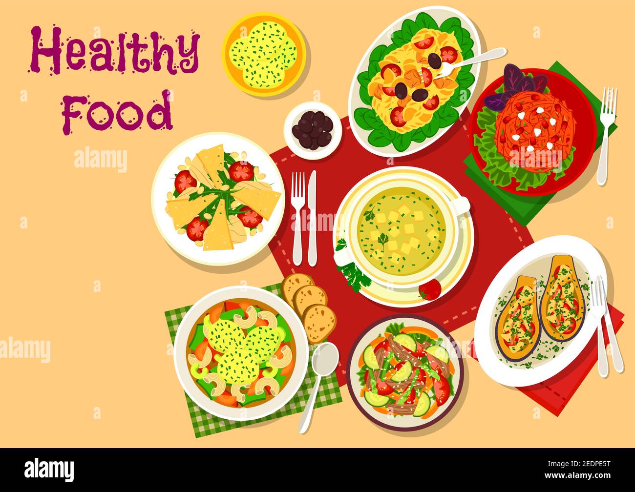 Gesunder Salat und Suppe Mittagsgerichte Ikone mit Gemüsesalat, Hühnerkäsesuppe, Pasta-Rindsalat mit Tomaten, Karottennusssalat, Käse-Dumpli Stock Vektor