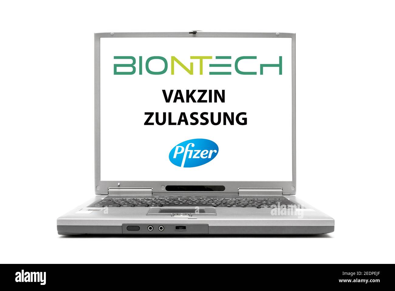 Laptop Lettering BioNTech, Pfizer, Zulassung, Vakzine, Akkreditierung, Deutschland Stockfoto