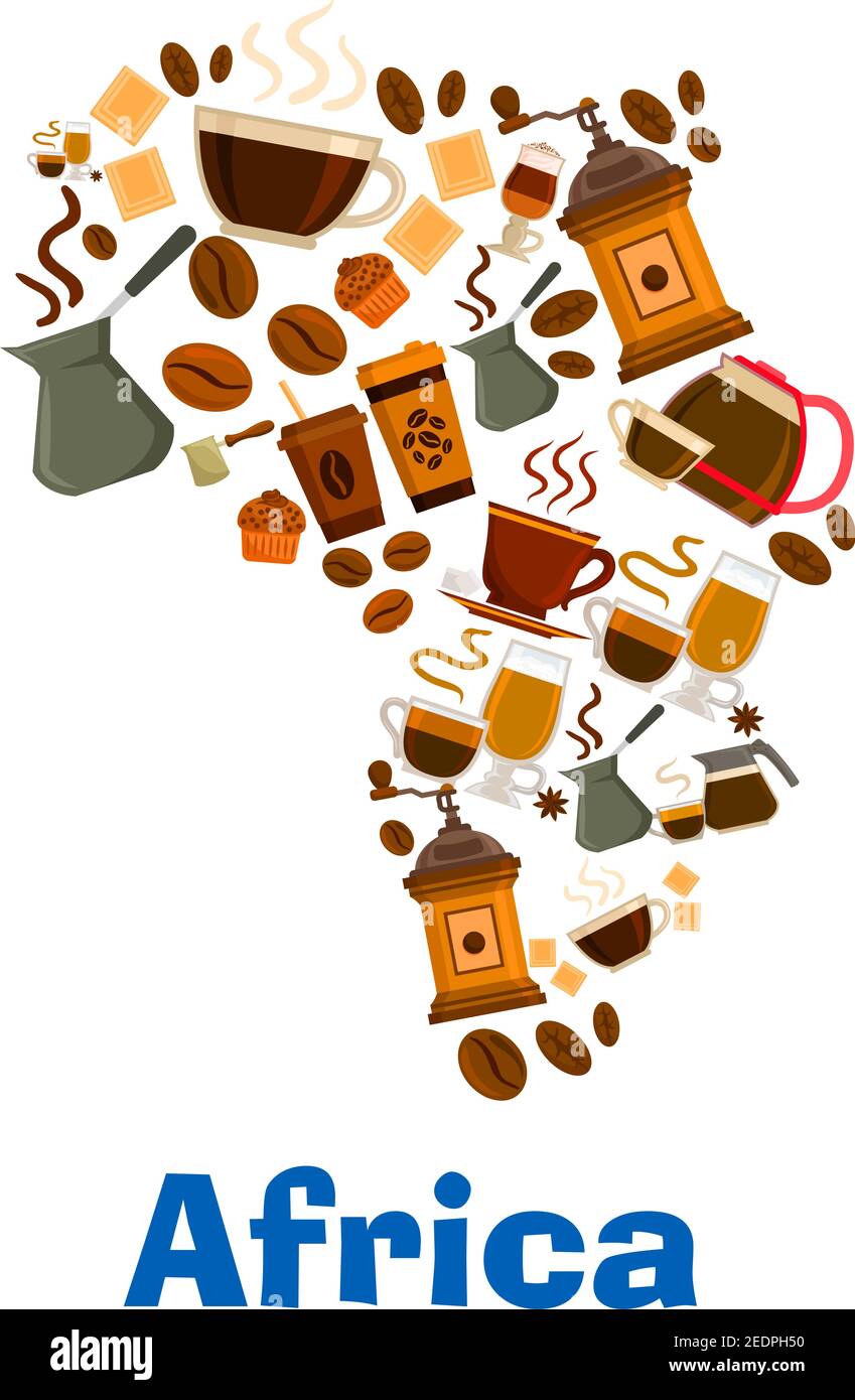 Kaffeebohnen, Mühlen, Tassen in Form von Afrika Kontinent Karte. Vektor-Muster von Kaffeemaschinen, Schokolade, heißen Cappuccino, Mokka, Latte Kaffee, Muffin, Stock Vektor