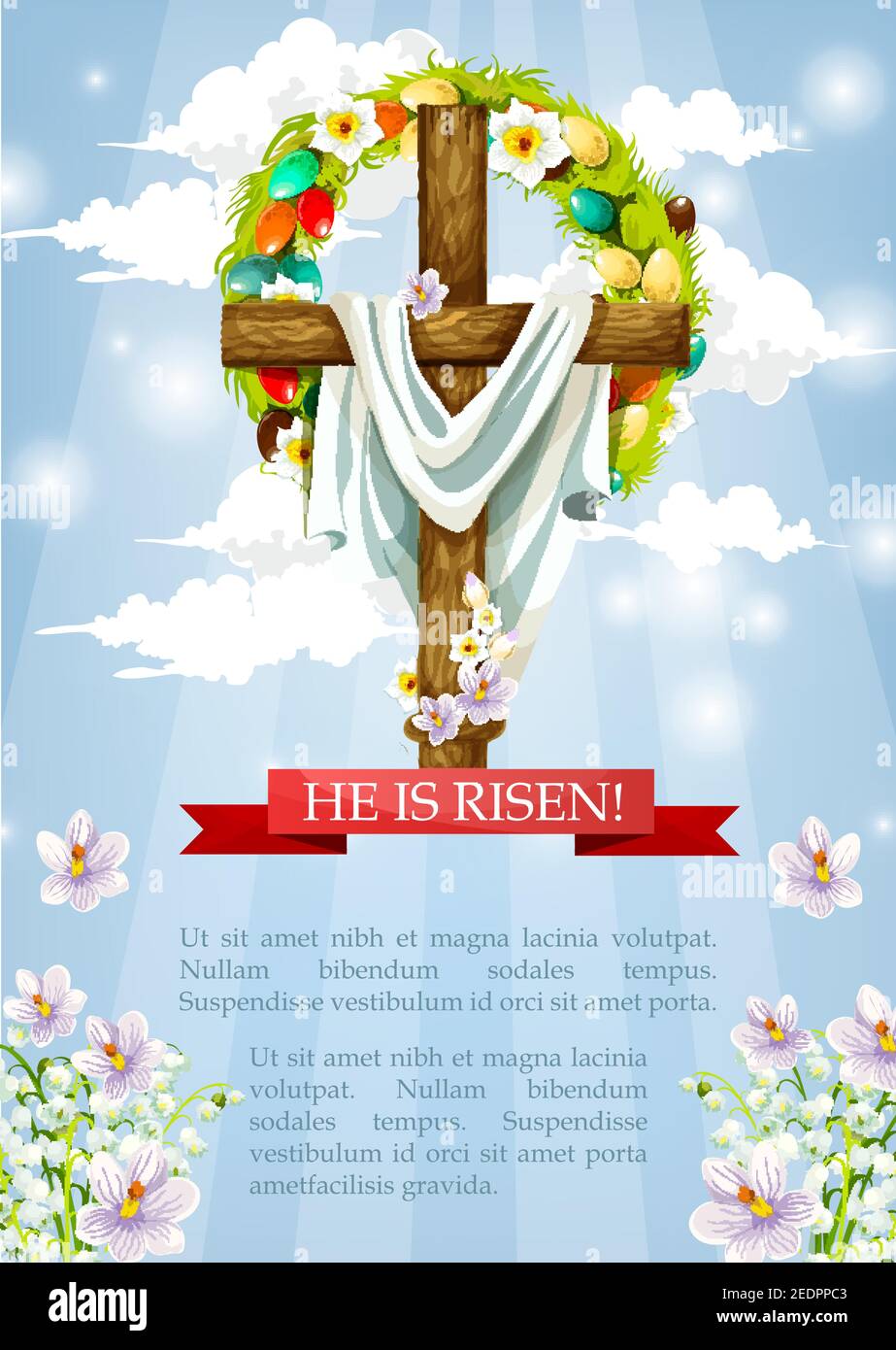 Kruzifix oder Osterkreuz mit Christus-Grabtuch. Er ist auferstandenen Himmel Himmel österlichen Poster Vorlage mit Ei und Blumenkranz und rotem Band. April Wiederauferstehen Stock Vektor