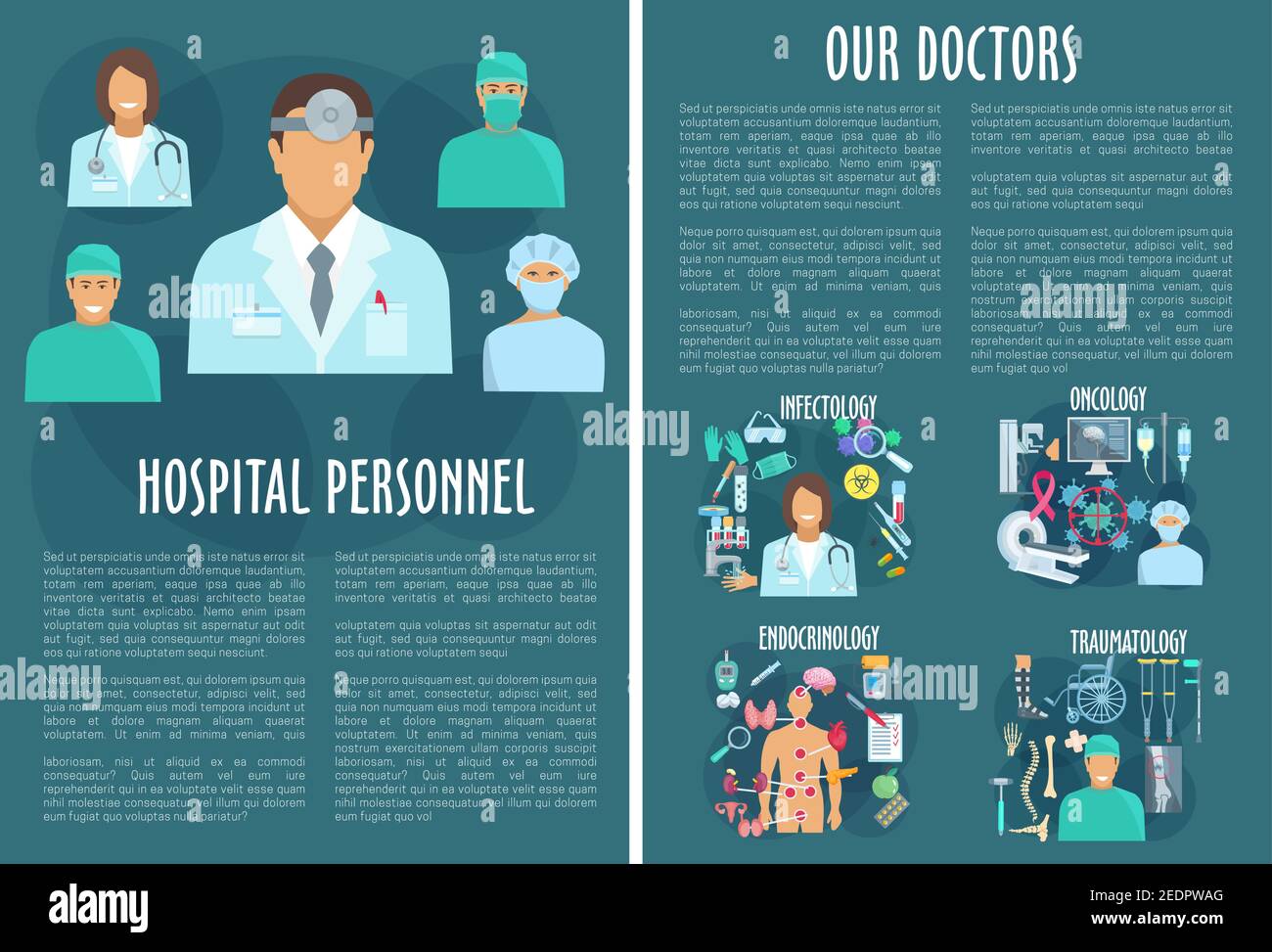 Onkologie, Traumatologie, Infektologie und Endokrinologie Krankenhausabteilung medizinisches Personal Broschüre. Arzt mit Pillen, Spritze und Herz, Gehirn, die Stock Vektor