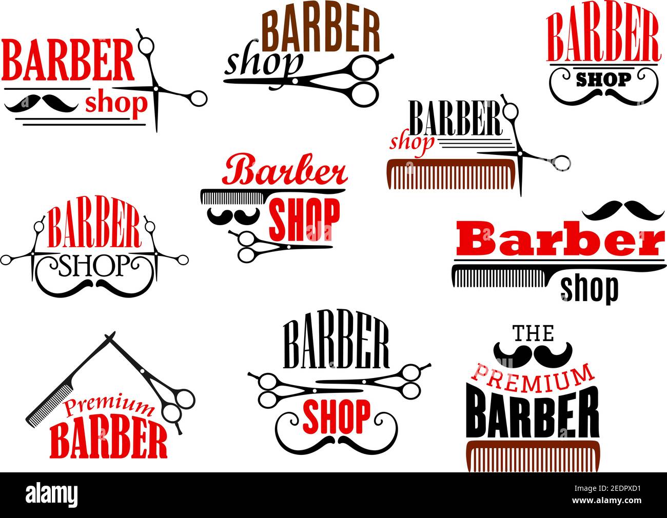 Barbier Shop Embleme Set. Vektor-Symbole von Bärten und Schnurrbärte Rasiermesser und Haarschnitt Scheren und Haarbürstenkämme für Friseursalon, Premium hai Stock Vektor