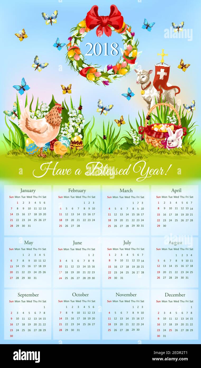 Osterkalender mit Weihnachts-Symbole Cartoon-Banner. Jahreskalender mit Osterei, Hasenhase, Frühlingsblumen, Huhn, Küken, Lamm Gottes mit cro Stock Vektor