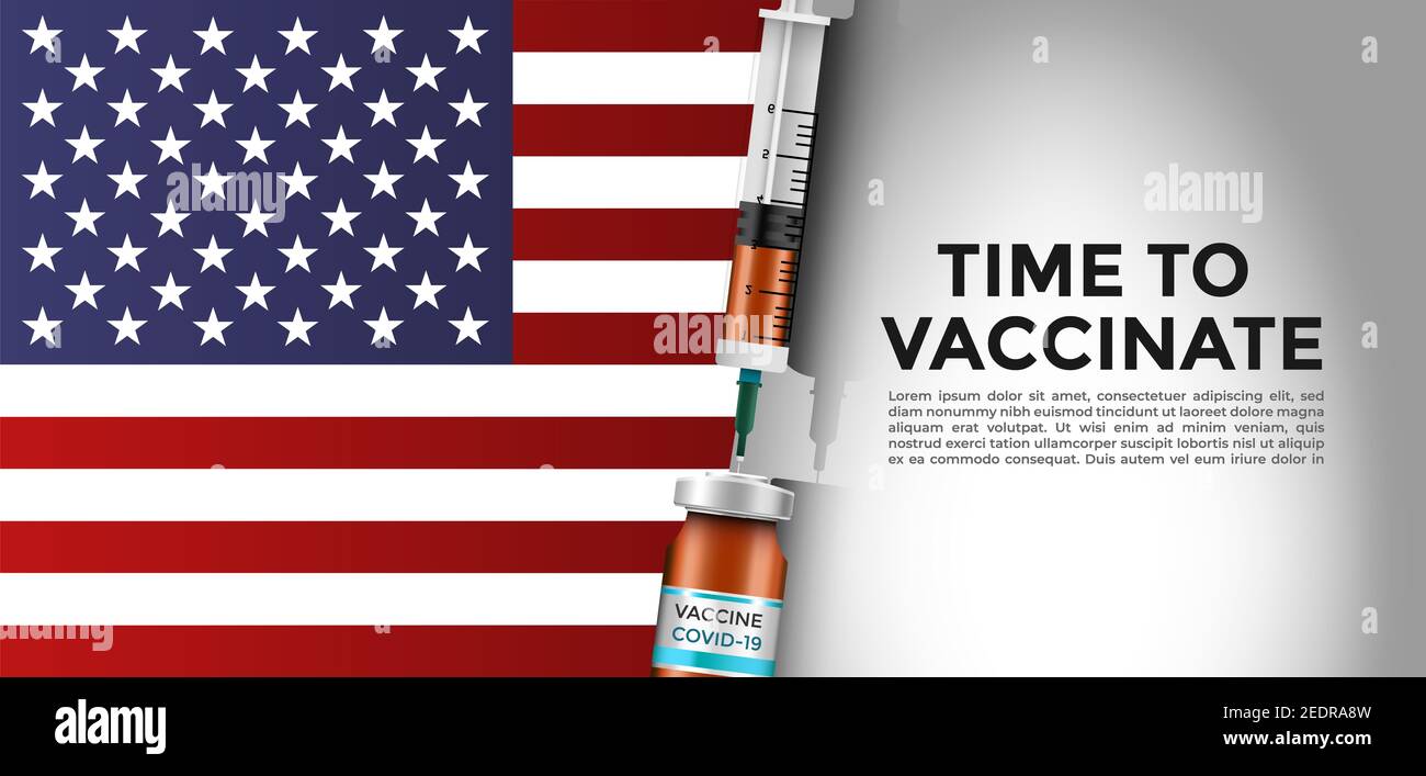 Abbildung der amerikanischen Flagge mit einer Spritze und Impfstoff mit Text und Titel „IMPFSTOFF IST EINGETROFFEN“ Stockfoto