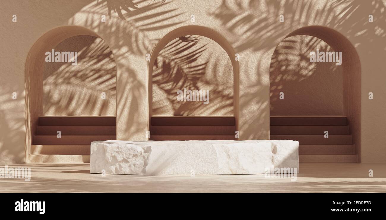 3D Stein Podest Podium auf beigem Hintergrund mit Palmen Blätter Schatten. Natur weißen Stein Podium für Beauty-Kosmetik Produktpräsentation. Abstrakte minimale 3D-Rendering-Illustration. Stockfoto