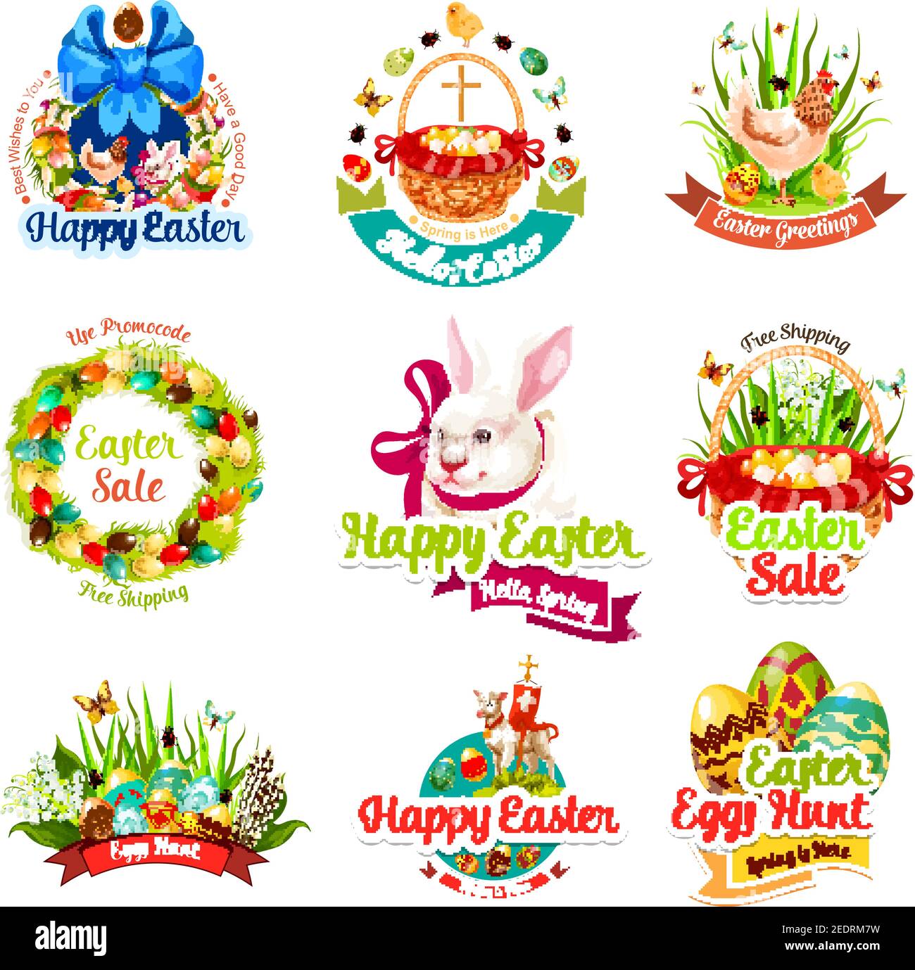 Ostern Verkauf und Eiersuche Feier Cartoon Icon set. Osterei, Kaninchenhase, Frühlingsblumenkranz, Huhn, Eiersuche Korb, Küken, Lamm Gottes und Stock Vektor