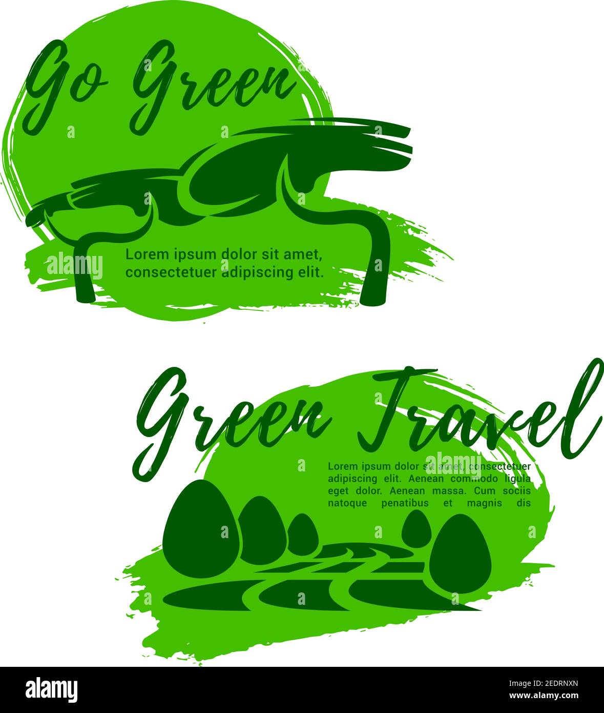 Ökotourismus und grünes Reisesymbol. Gehen Sie grüne Zeichen der tropischen Bäume und Öko-Park Naturlandschaft für nachhaltige Reiseunternehmen Emblem, Öko Tour desi Stock Vektor