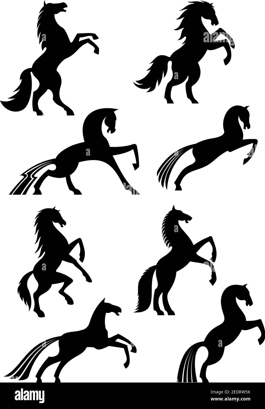 Pferde Ikonen oder Silhouetten von schwarzen heraldischen Pferdeemblemen. Vector Mustang Rennen, Laufen oder Aufzucht und Springen oder Stampfen HUF für Pferdesport r Stock Vektor