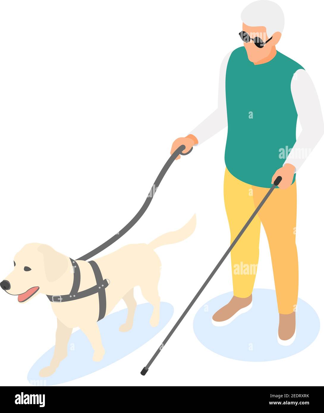 Blinder älterer Mann mit Gehstock und Blindenhund isoliert auf weißem Hintergrund. Isometrische Darstellung des flachen Vektorgrafikes. Stock Vektor