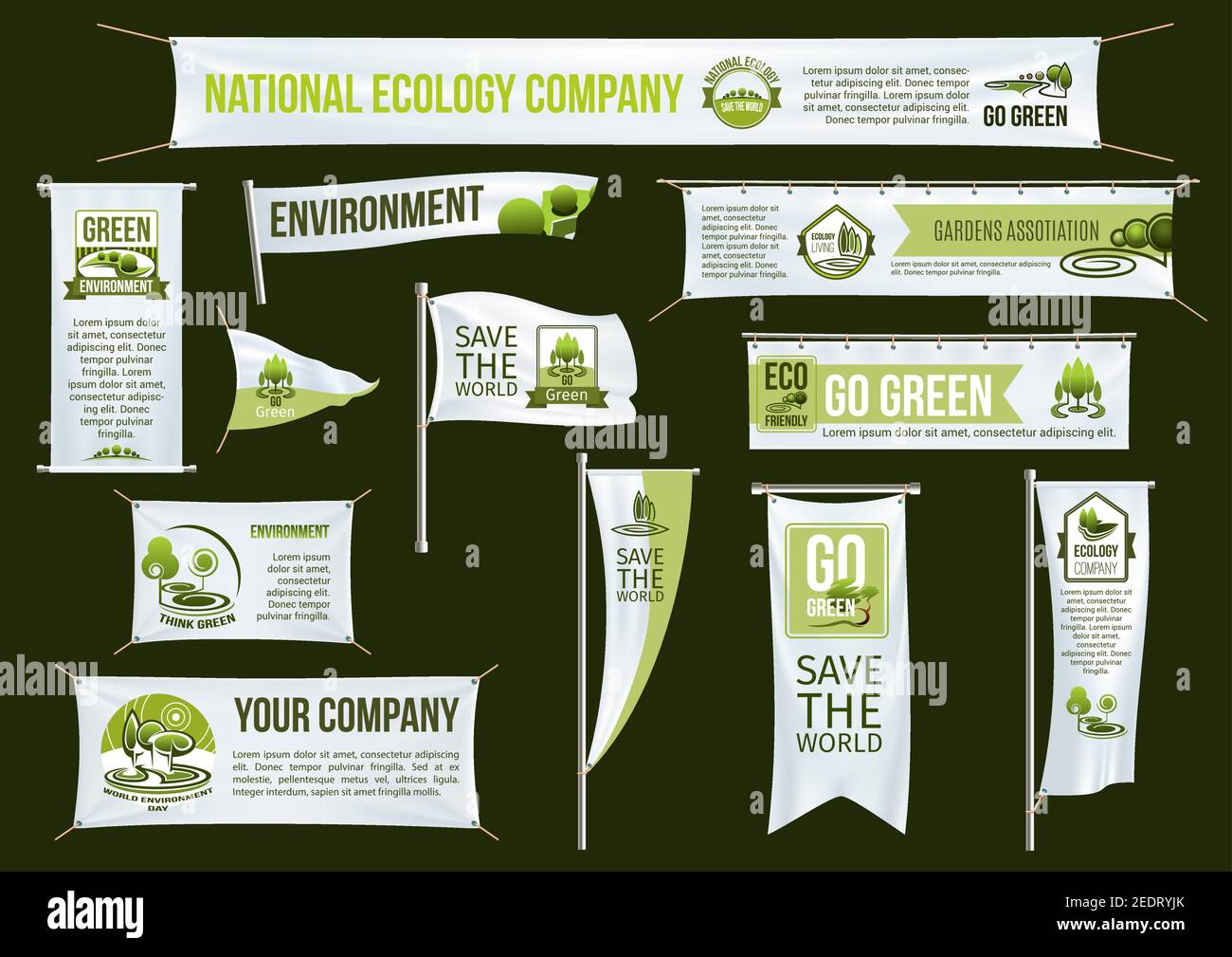 Vorlagen von Bannern, Fahnen, Band und Schilder für grüne Umwelt Umweltschutz und Ökologie Unternehmen, um die Welt zu retten. Vektor isolierte Adverti Stock Vektor