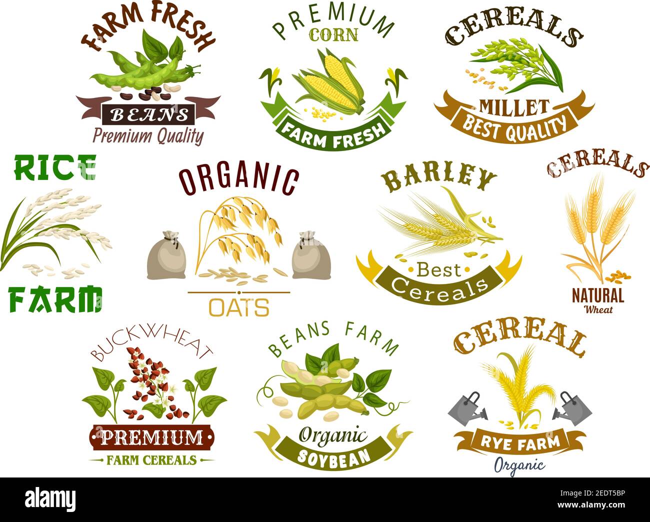 Symbole für Getreideprodukte. Vektor-Symbole von Weizenmehl Beutel, Roggen-Ohren und Getreide, Buchweizen Samen und Hafer oder Gerste Hirse und Reis Garbe. Isoliert agricul Stock Vektor