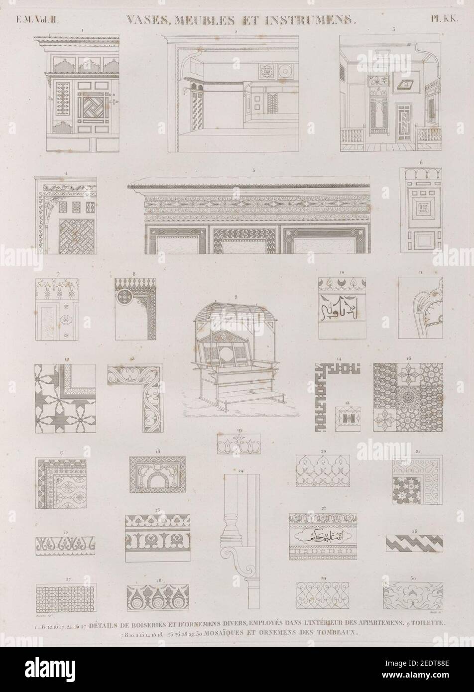 Vasen, meubles et instrumens. 1-6,12.16,17.24,25.27. Détails de boiseries et d'ornemens divers, employés dans l'intérieur des appartemens; 9. Toilette; 7,8.20,11.13-15,18-23,25.26,28-30. Stockfoto