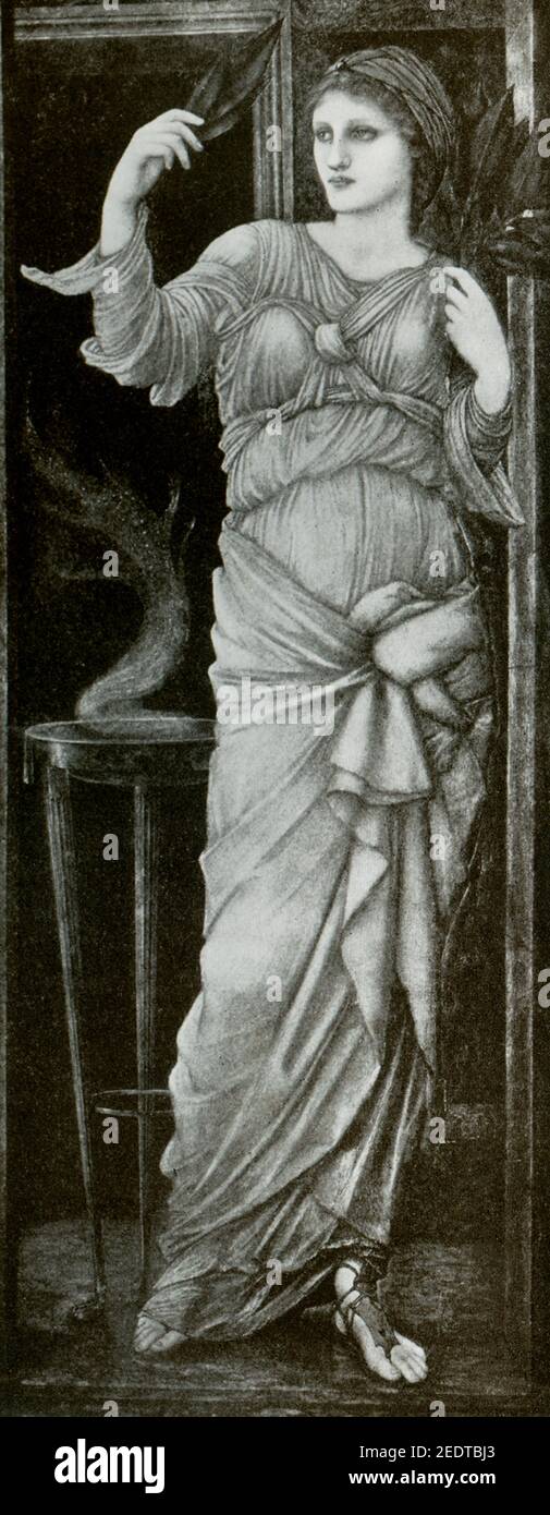 Sibylla Delphica von Sir Edward Burne-Jones. Sibylla Delphica von Sir Edward Burne-Jones. Sir Edward Coley Burne-Jones' griechisches Mythologie-Gemälde Sybilla Delphica wurde 1868 gemalt. Es ist ein weibliches Porträt, wie es viele Gemälde von Sir Edward Coley Burne-Jones sind. Dieses ist im alten Griechenland eingestellt. Es zeigt die Figur einer orangefarbenen Priesterin, die ihre Lesungen von Lorbeerblättern unterscheidet. Ein Stativaltar brennt hinter ihr, links, hoch steigt der Räucherrauch. Die Delphische Sibyl war eine Frau aus vor den Trojanischen Kriegen (c. 11th. Jahrhundert v. Chr.) erwähnt von Pausanias schriftlich im 2nd. Jahrhundert n. Chr. ab Stockfoto