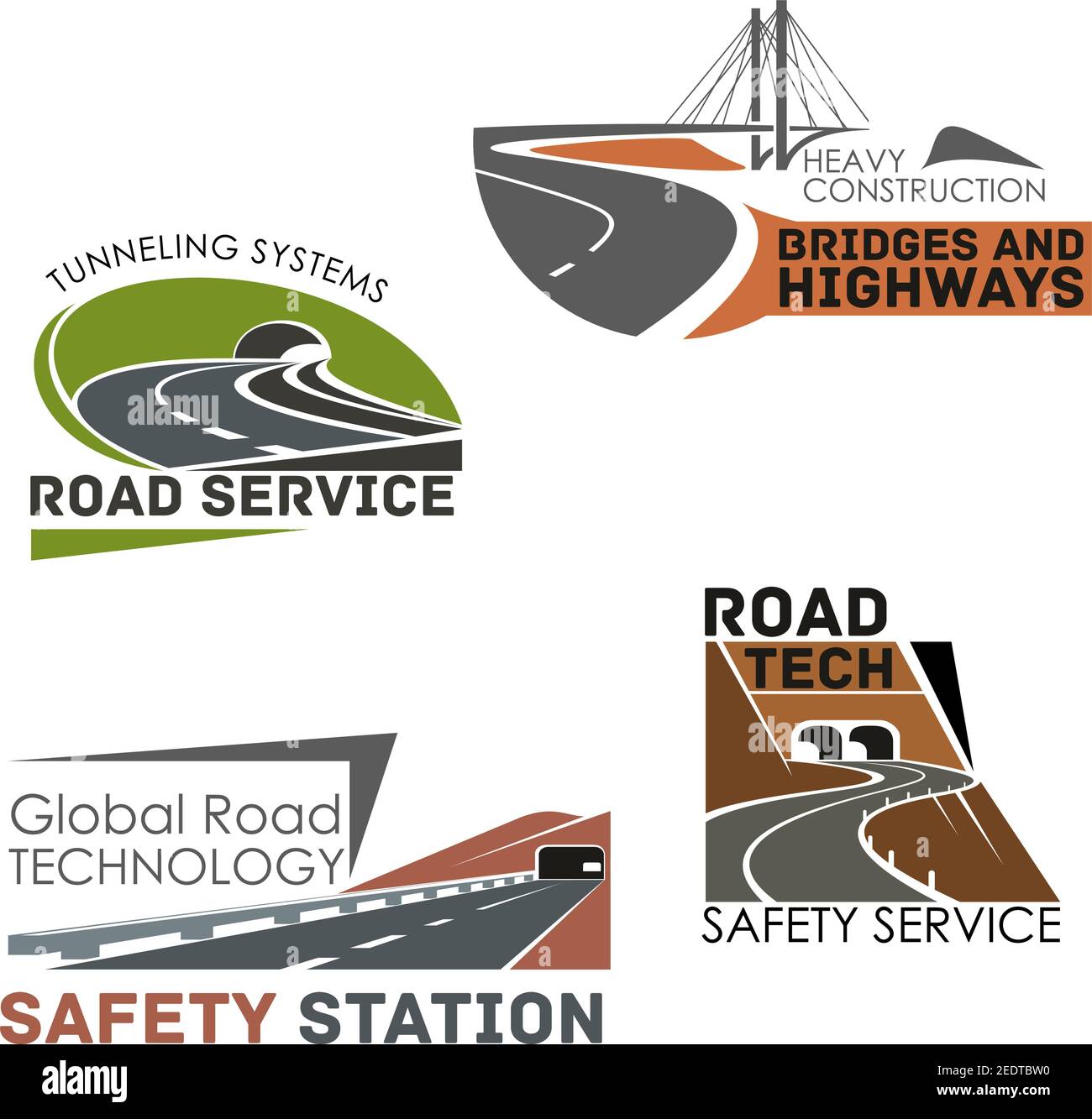 Autobahnen und Autobahnen Vektor-Symbole von Straßen, Tunneln und Brücken Bau-und Bau-oder Dienstleistungsunternehmen. Embleme Satz Schnellstraßenantriebe, tran Stock Vektor