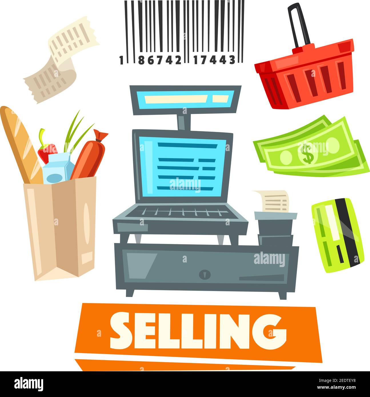 Shop Vektor-Symbole und Einzelhandel verkaufen Artikel Set von Kasse, Kauf Barcode, Supermarkt Warenkorb oder Warenkorb, Kreditkarte und Geldscheine, Stock Vektor